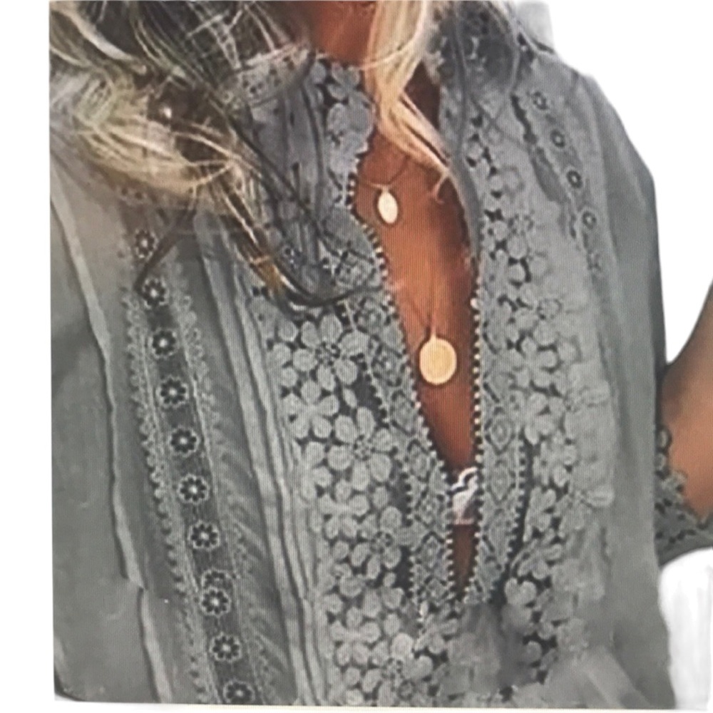 Plunge Half Sleeve Crotchet Lace Splicing Blouse - Picture 2 of 3